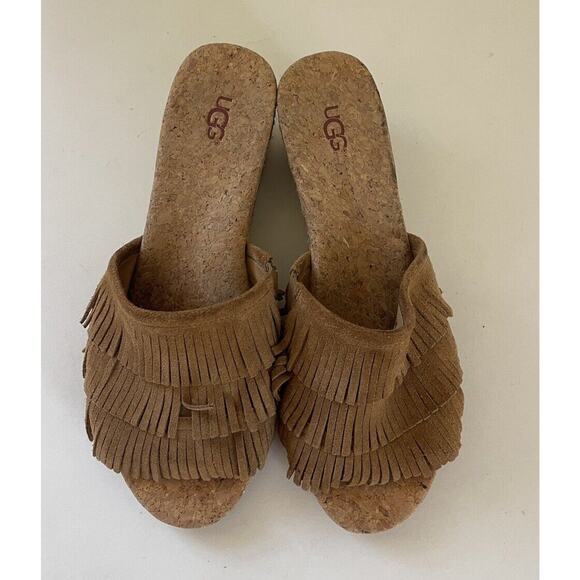 Ugg Kendra Wedge Sandals Tan Leather Fringe Size 10 - Picture 4 of 10